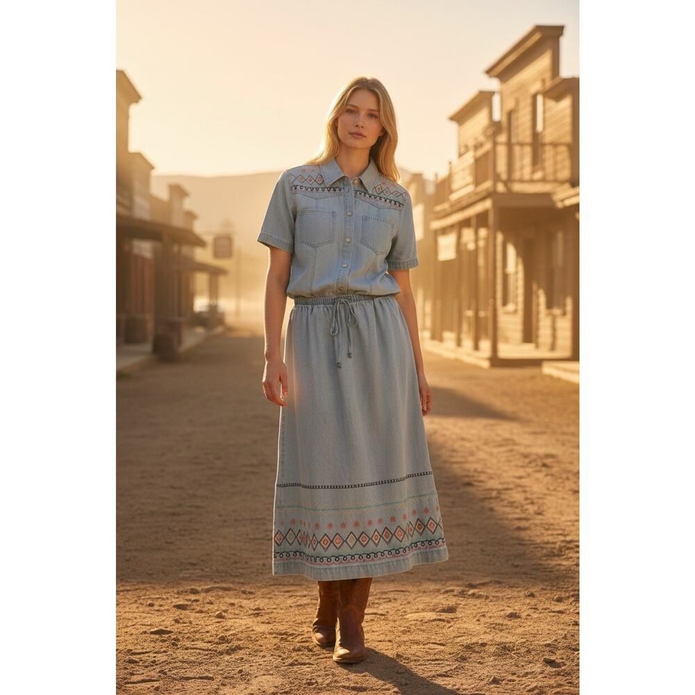 Vintage Denim Company M Blue Denim Chambray Embroidered Geometic Skirt Set Top